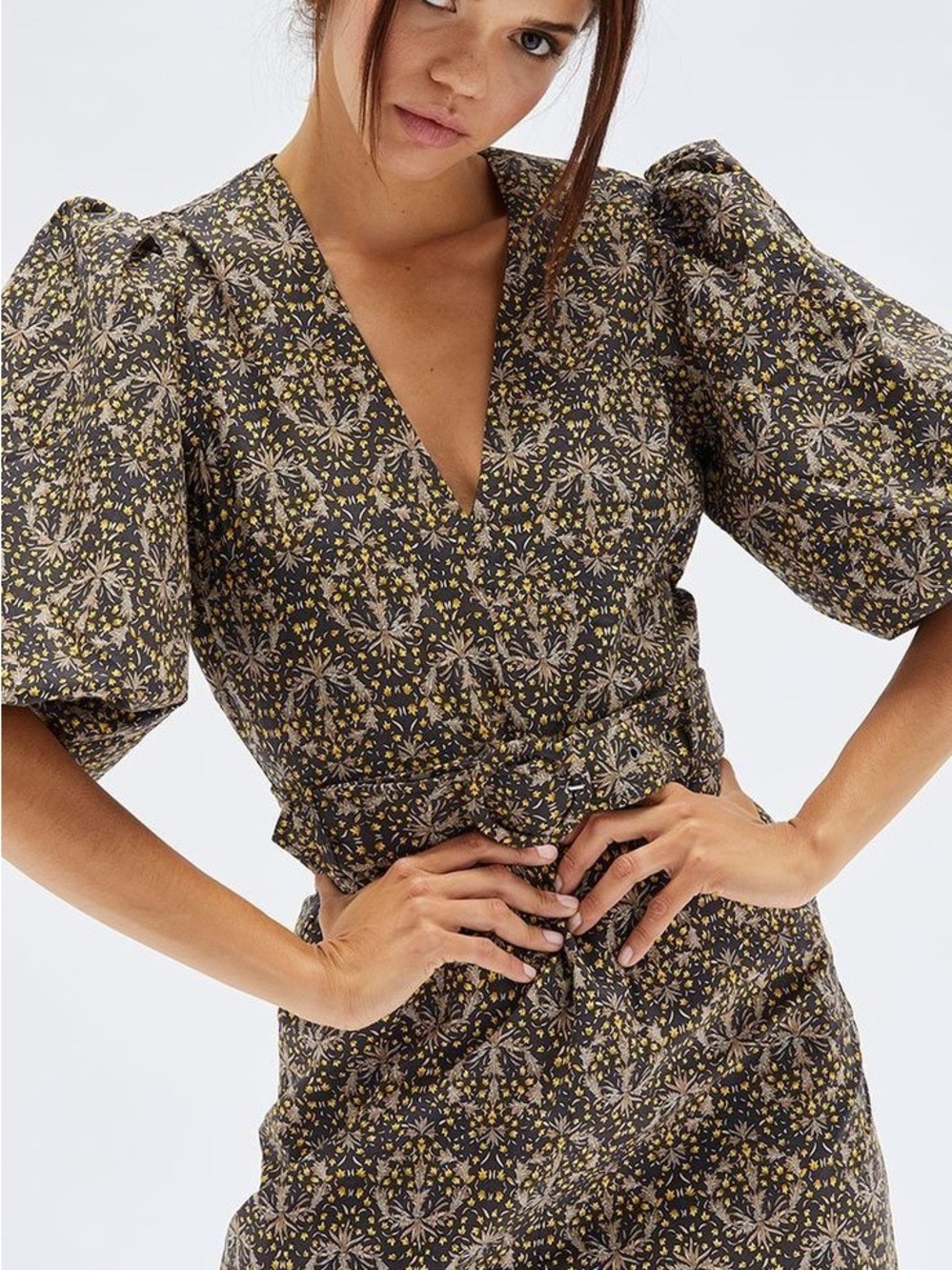 MINKPINK Black Floral Puff-Sleeve V-Neck Tie-Waist dtess
